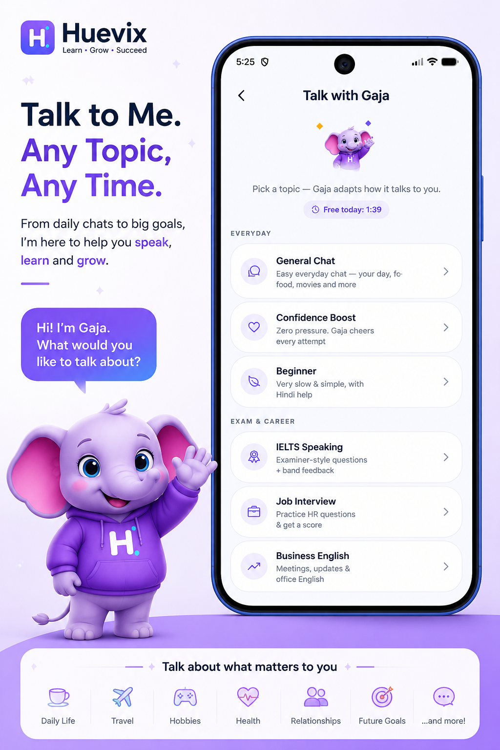 Talk with Gaja — pick a topic like General Chat, IELTS Speaking, Job Interview and more