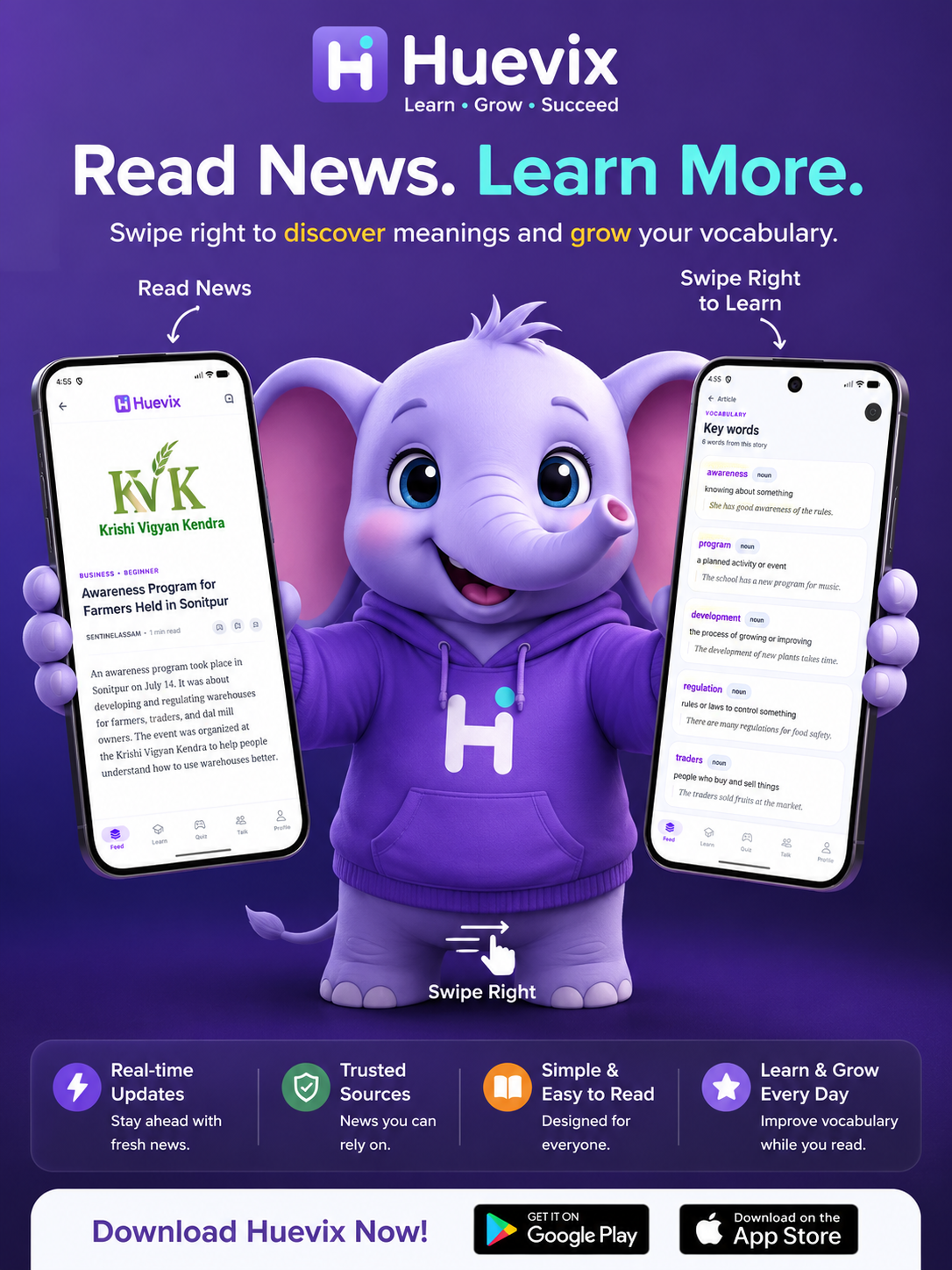 Read news and swipe right to learn vocabulary