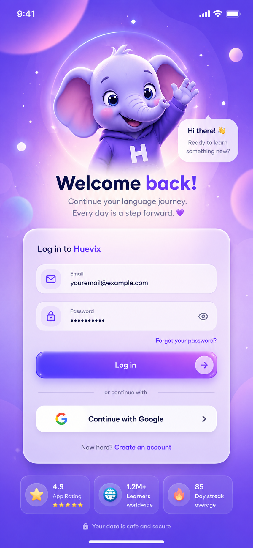 Huevix welcome screen with Gaja the mascot