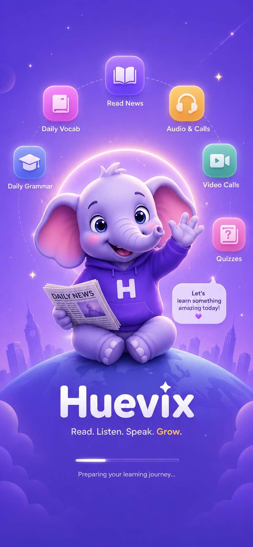 Huevix app splash screen — Read, Listen, Speak, Grow